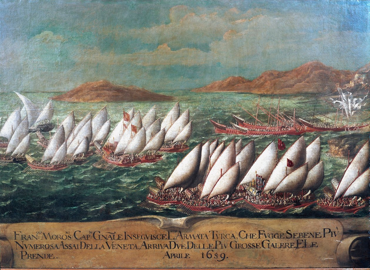War of Candia (Kreta): den venetianske flåde under kampagnen ledet af Doge Francesco Morosini mod tyrkerne i 1659 Maleri af den venetianske skole. 1600-tallet - Venedig, Correr Museum af Italian School