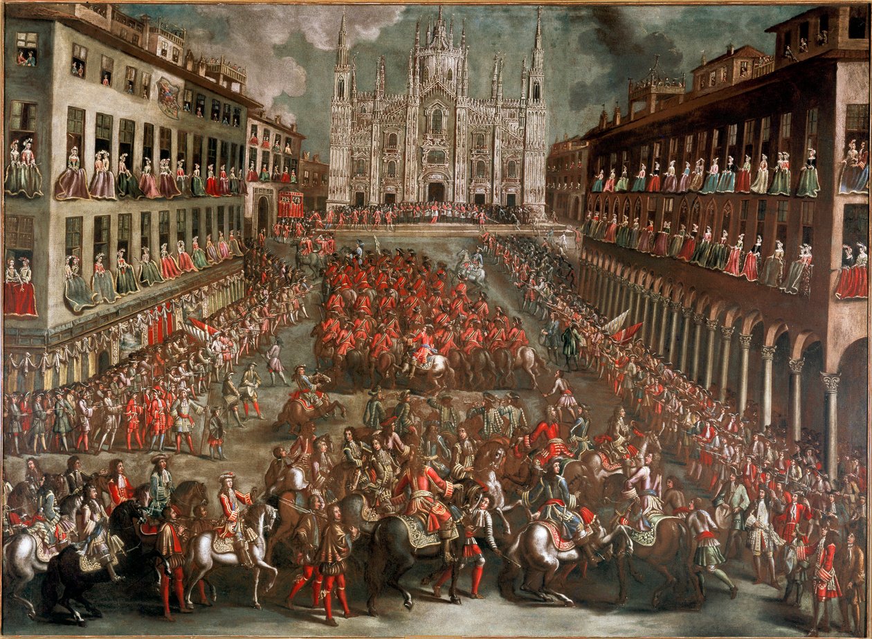 Den spanske arvefølgekrig: "" Festligheder organiseret for at fejre prins Eugenio di Savoias indtog i Milano (1663-1736) i spidsen for den sejrende hær efter slaget ved Torino den 24/09/1706" (fejring på Piazza Duomo i Milano for sejren af Italian School