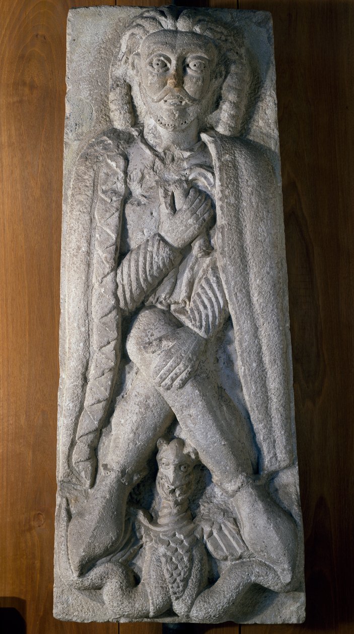 Kriger sidder på hug med drage, basrelief af sten, Italien af Italian School