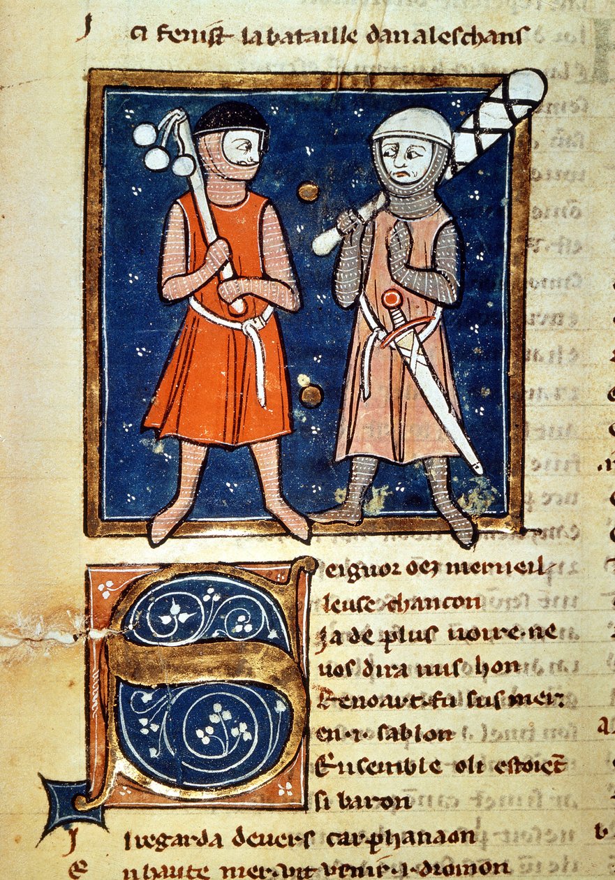 Warriors arme af køller - i "" The moon age of William""", manuskript fra det 13. århundrede. biblioteca Trivulziana. Milano af Italian School