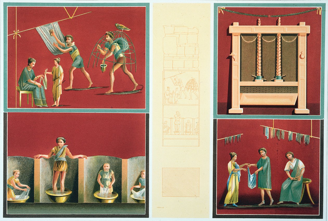 Vask og tørring af vasketøj, kopi fra en pompeiansk fresco af Italian School
