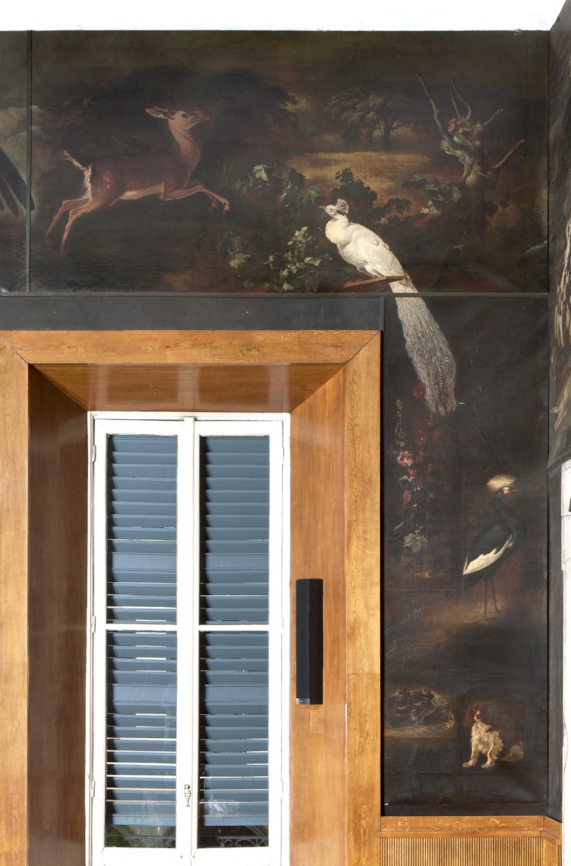 Hvid påfugl, rådyr og grå kronet trane, Myth of Orpheus af Italian School