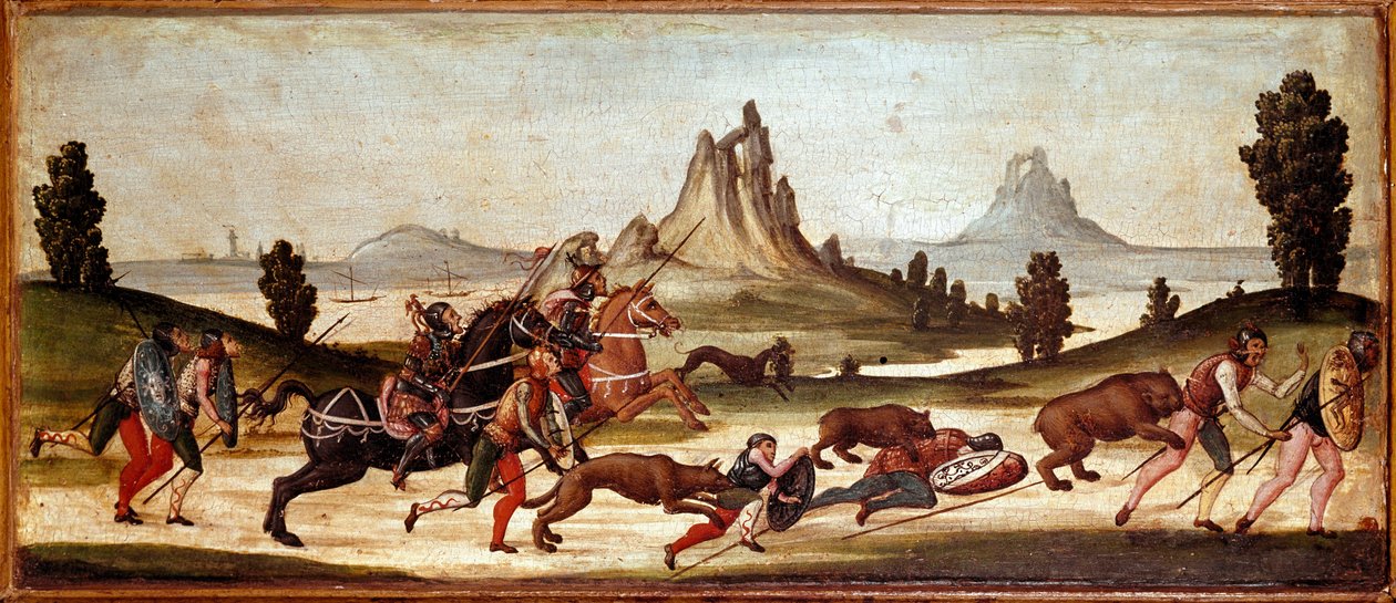 Wildlife Jagt Scene Jægere bliver bidt af dyr. Maleri af den Sienesiske skole. Firenze fra det 15. århundrede, Museo Nazionale del Bargello af Italian School