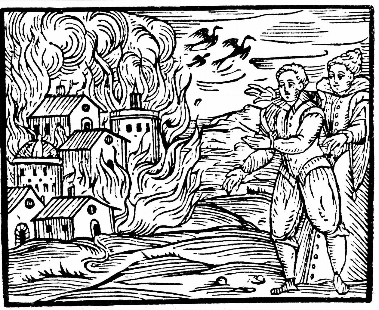 Hekse ødelægger et hus ved brand, Schwaben i 1533, illustration fra Compendium Maleficarum af Francesco Maria Guazzo, 1608 af Italian School