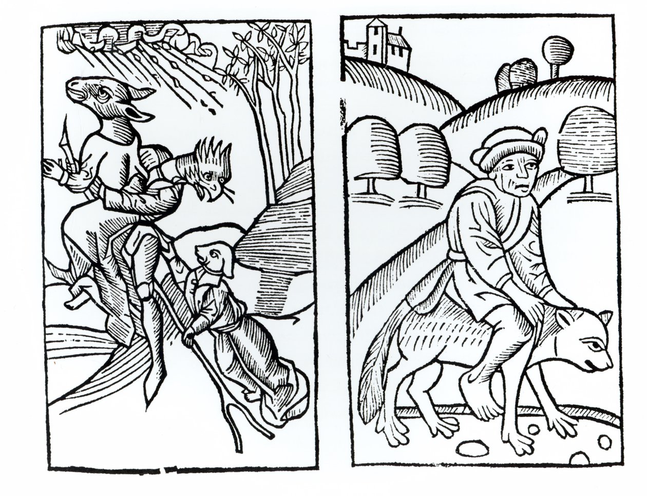 Hekse forklædt som dyr, der rider på et kosteskaft (til venstre) og en hanheks, der rider på en ulv (til højre), kopier af illustrationer fra Compendium Maleficarum af Fr. M. Guaccius, Milano 1608, brugt i magiens historie af Italian School