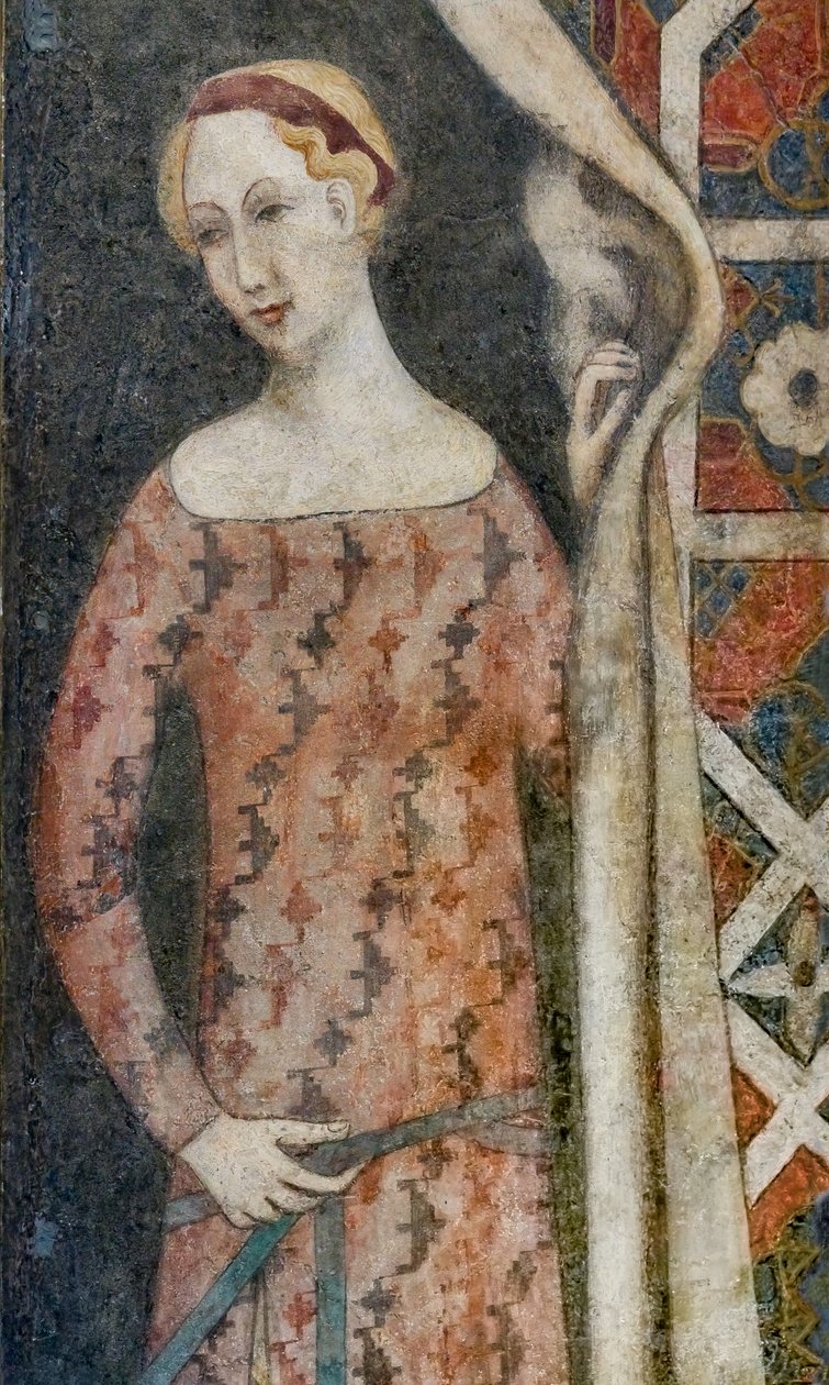 Kvinde tegner et draperi med et geometrisk mønster, begyndelsen af det 15. århundrede (fresko) af Italian School