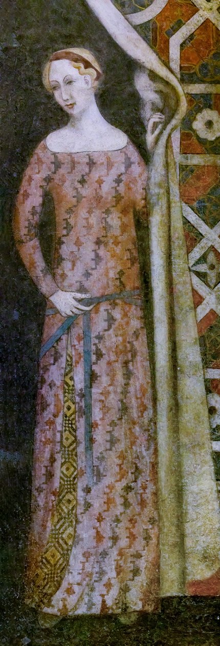 Kvinde tegner et draperi med et geometrisk mønster, begyndelsen af det 15. århundrede (fresko) af Italian School