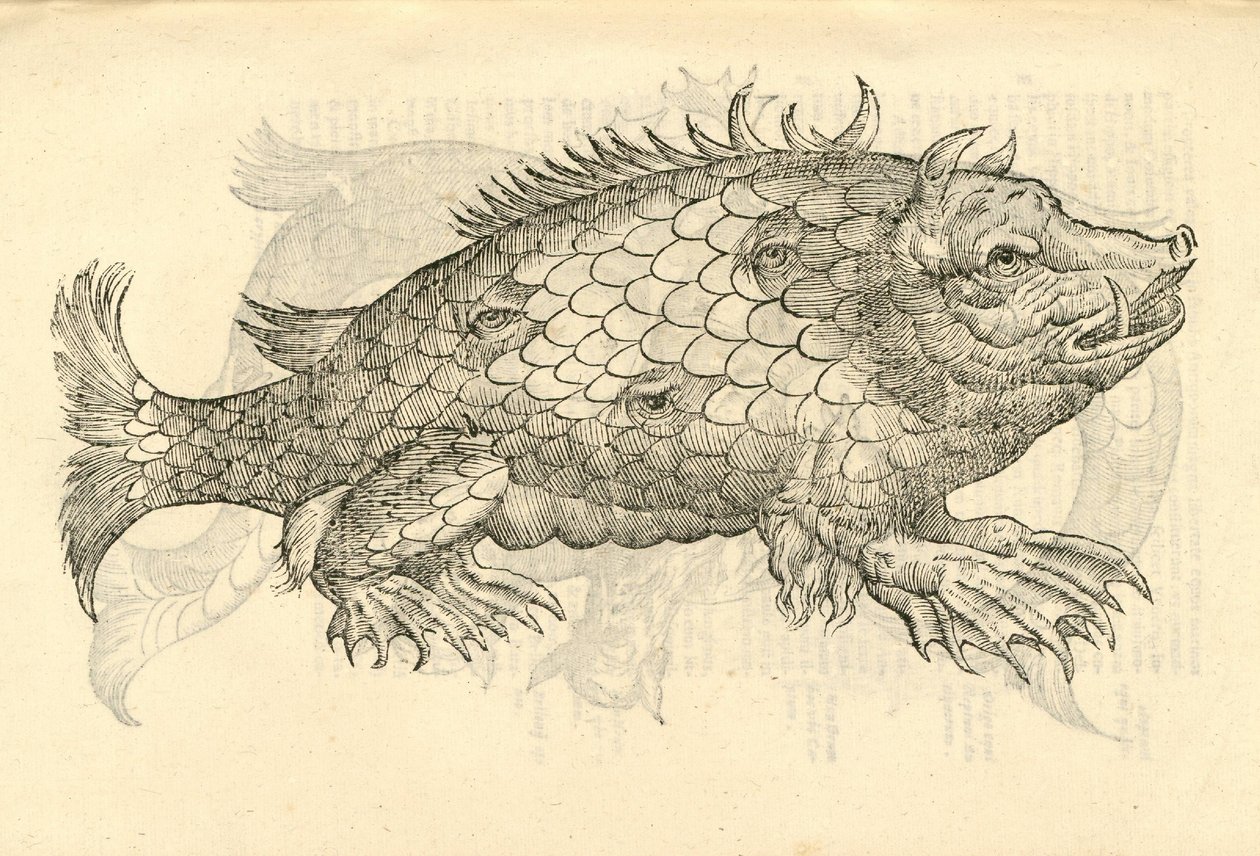 illustration af Monstrosus Sur marinus fra Aldrovandis History of Monsters, 1642 af Italian School