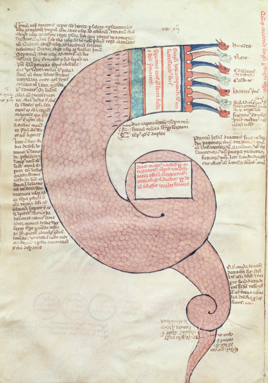 ms.ASPi, C.M 15, c.3v Side med tekst med en apokalyptisk drage, fra Liber Figurarum e le Proemisssiones Gioachimitiche af Joachim af Flora (c.1132-1202) af Italian School