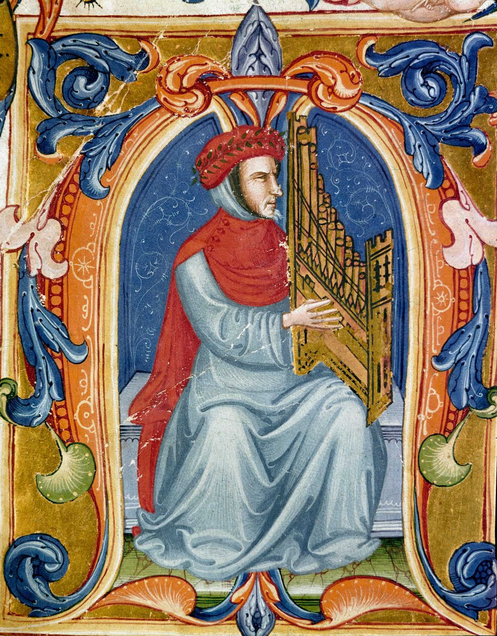 portræt af Francesco Landini eller Landino, der spiller orgel (1325 1397) italiensk komponist, organist, sanger, digter. Miniature af Codex Squarcialupi fra det 15. århundrede. Firenze, Bibliotek Laurenziana, Ms. Med. Pal. 87. af Italian School