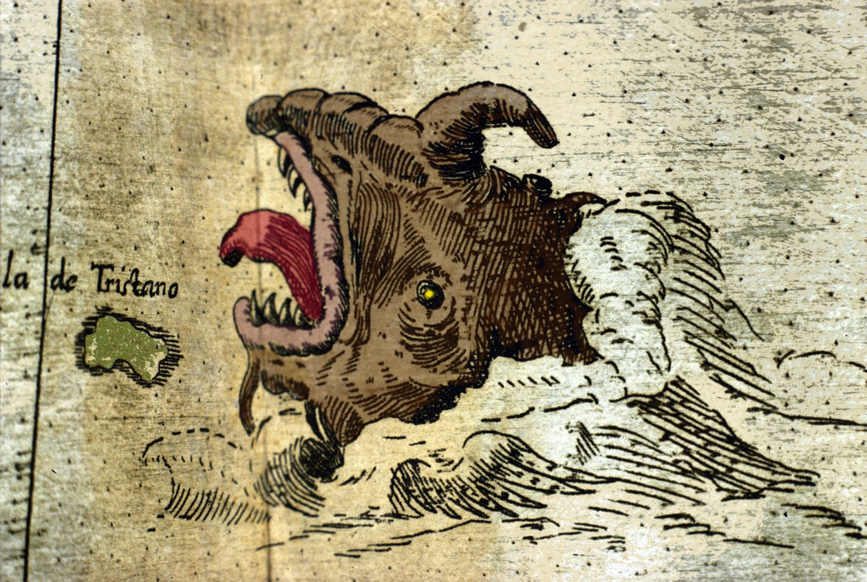repræsentation af et havmonster nær Tristan da Cunha-øgruppen. Detalje af Atlas of Urbano Monte af Italian School