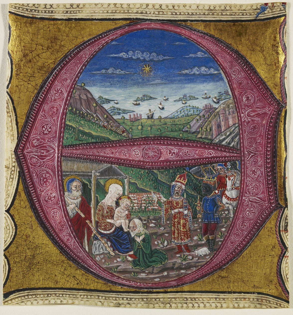 Tilbedelse af Magi (tempera, blæk og bladguld på pergament) af Italian School Italian School