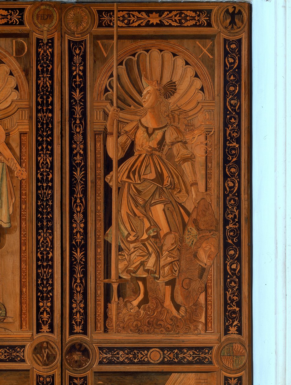 Detalje af en af dørene ved Sala degli Angelo, Palazzo Ducale, Urbino (træ) af Italian School Italian School