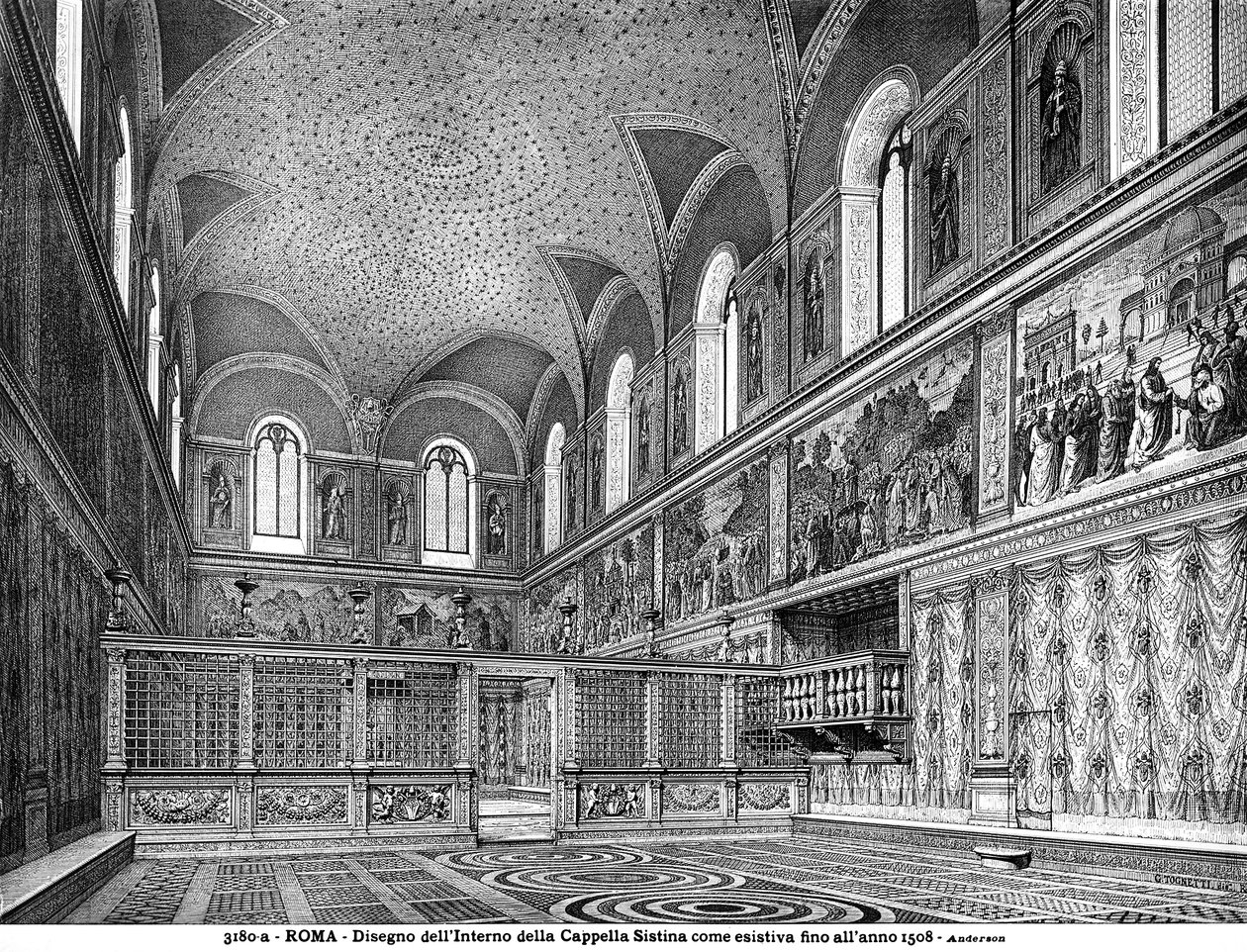Tegning, der viser det indre af Det Sixtinske Kapel før renoveringen i 1508 af Italian School Italian School