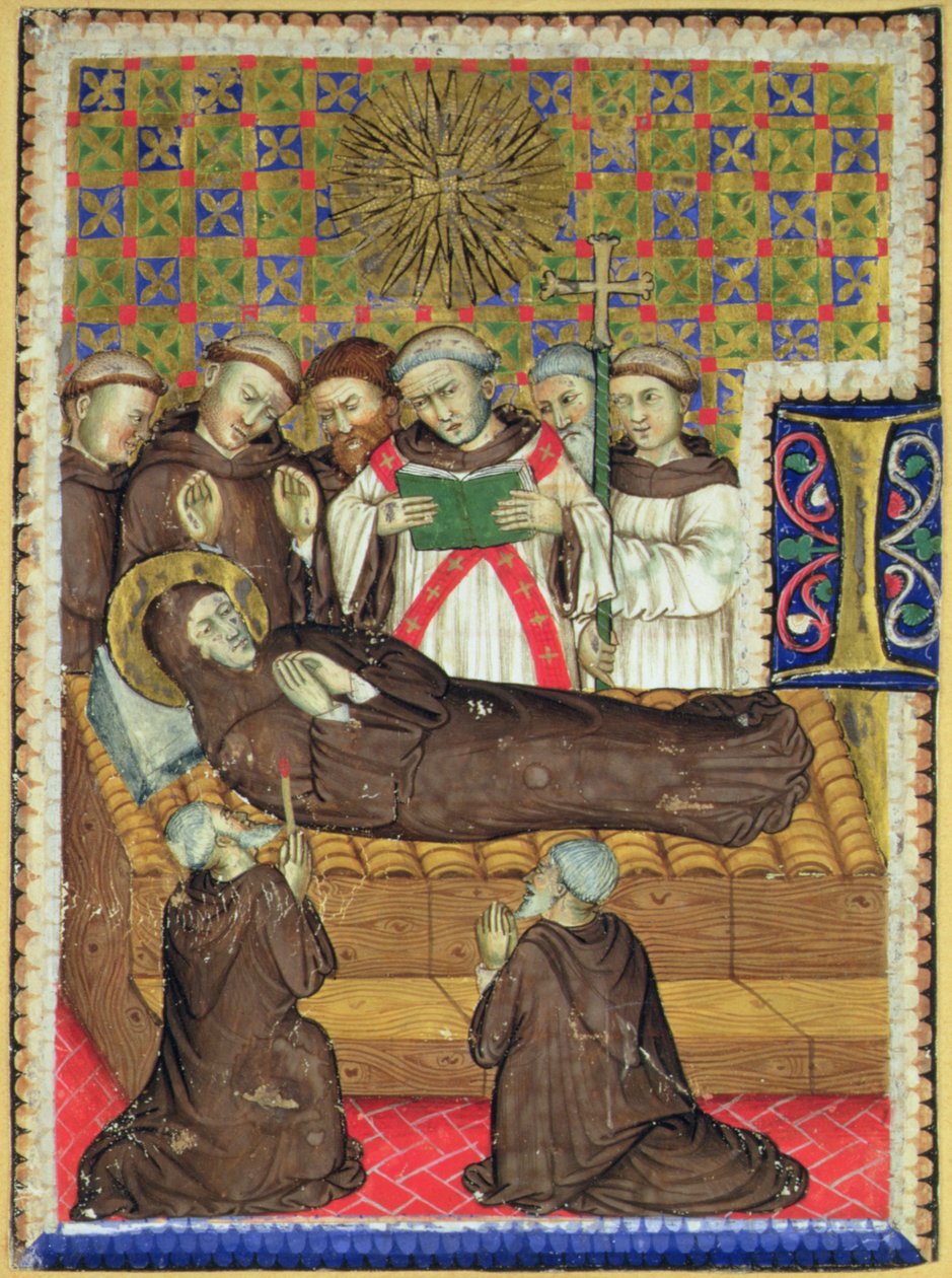 Historik initial B, der forestiller en franciskansk helgen på hans dødsleje af Italian School Italian School