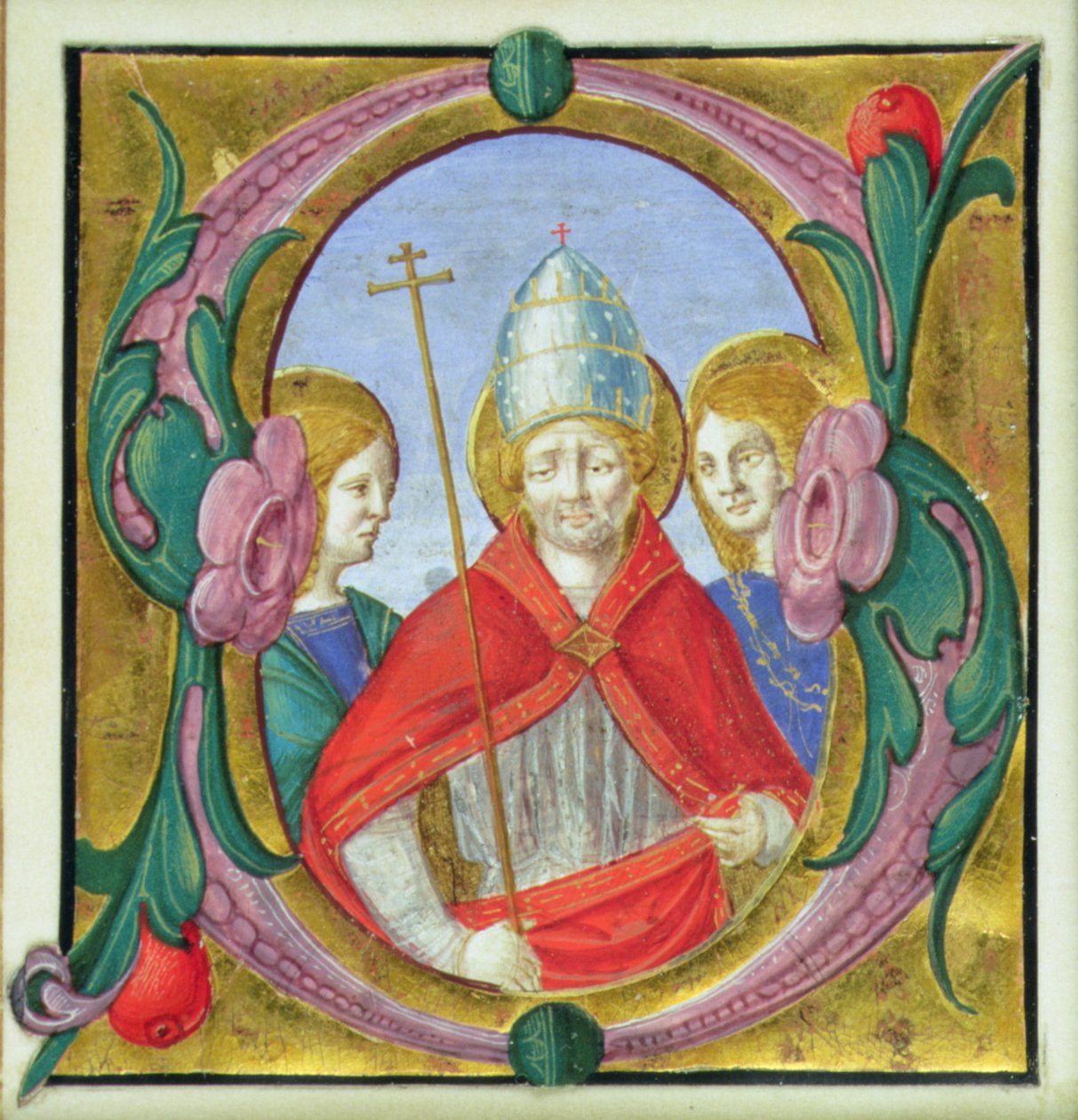 Historikeret initial S, der forestiller St. Gregory og to hellige af Italian School Italian School