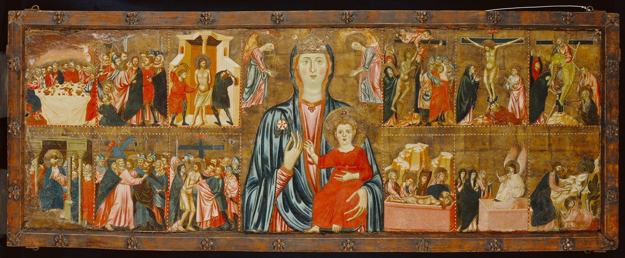 Madonna og barn og to engle med tolv scener fra passionen, ca. 1310 (tempera på panel) af Italian School Italian School