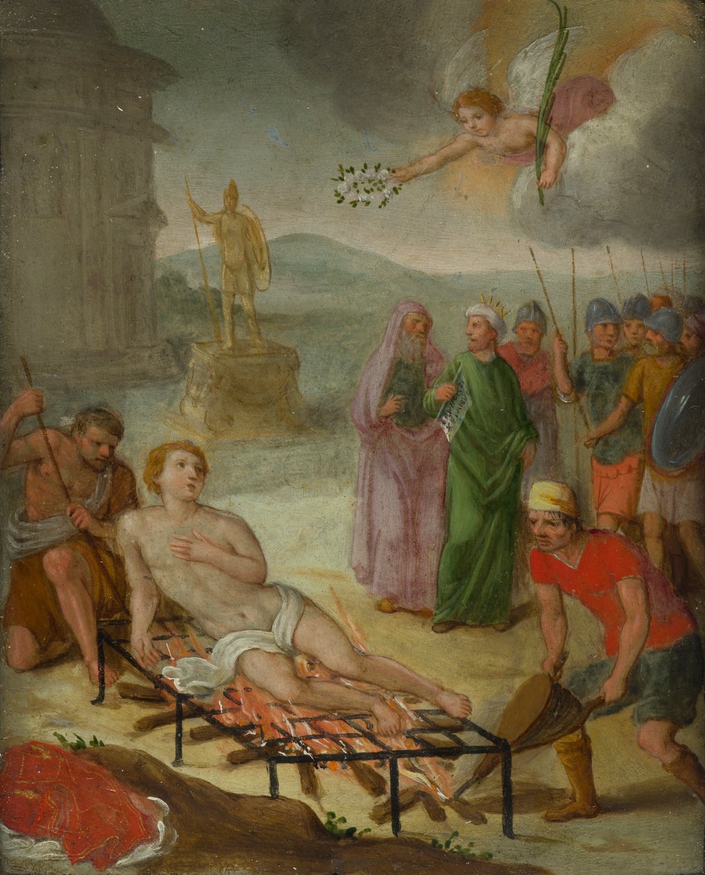 Martyrium of St. Lawrence, ca. 1600-99 (olie på kobber) af Italo Flemish School