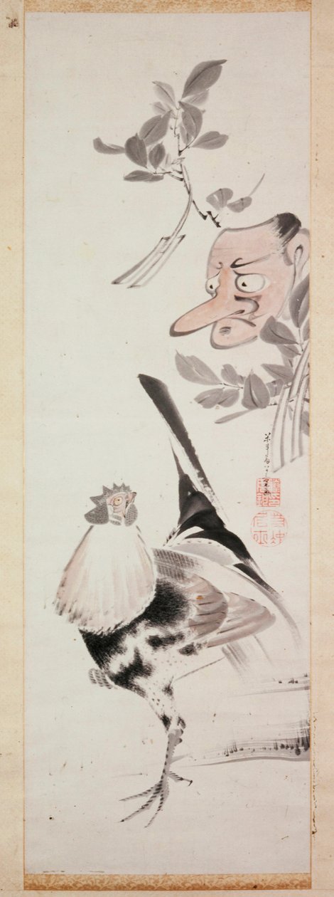 Cockerel and Tengu-Mask, ca. 1775 (blæk & lys farve på papir) af Ito Jakuchu