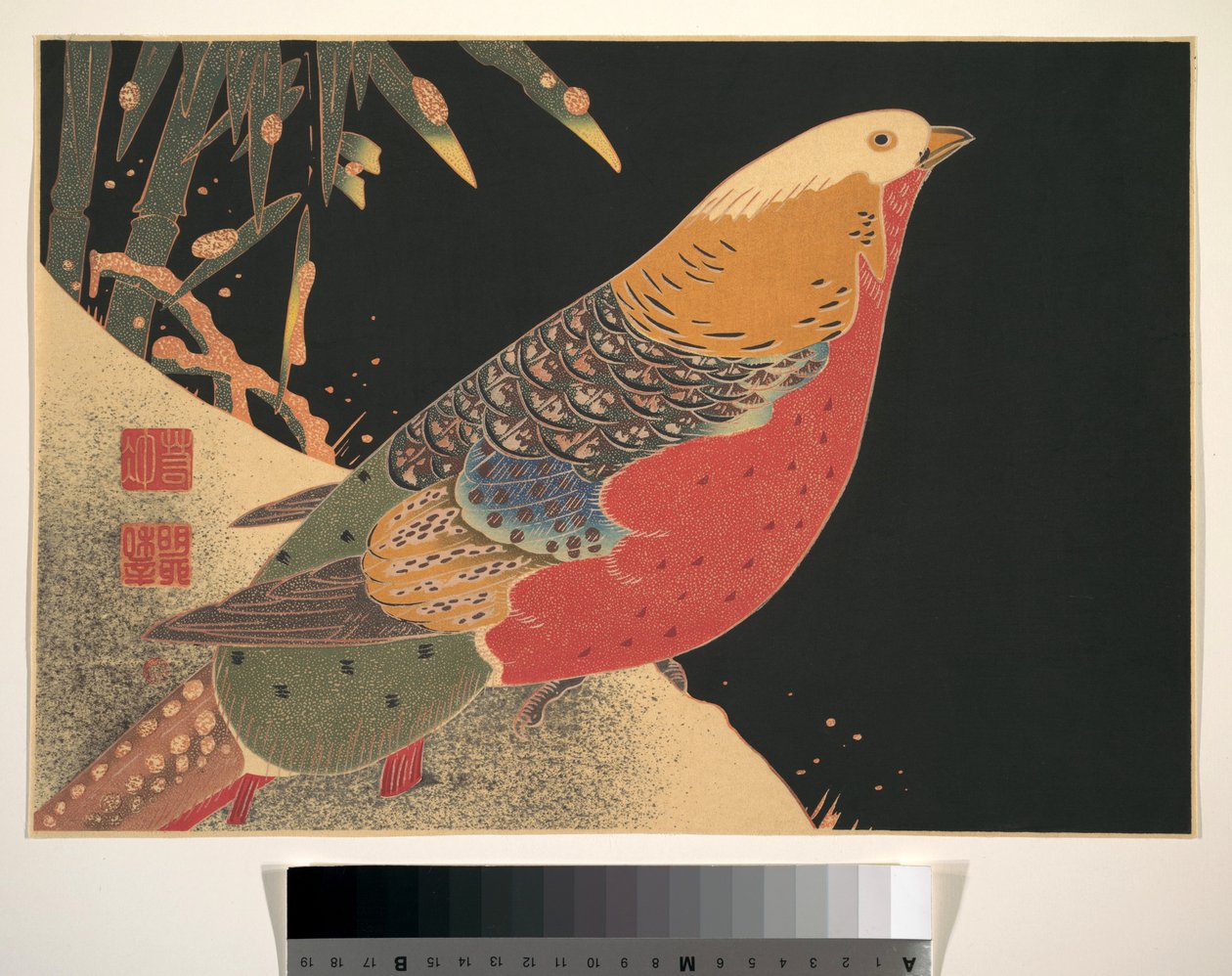 Golden Pheasant in the Snow, ca. 1900 (træsnit, blæk og farve på papir) af Ito Jakuchu