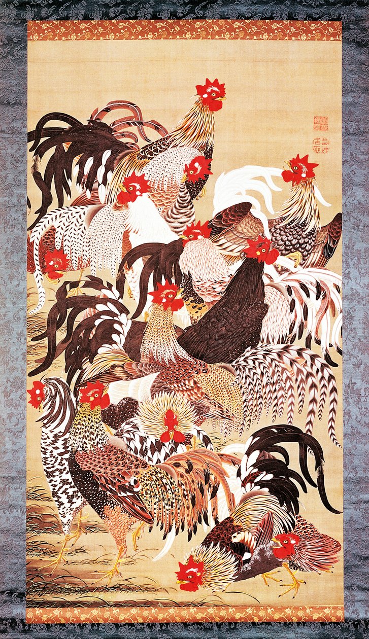 Tretten haner, fra Doshoku Sai-e (De levende væseners farverige rige) Edo-perioden. ca. 1757-66 (farve på silke) af Ito Jakuchu