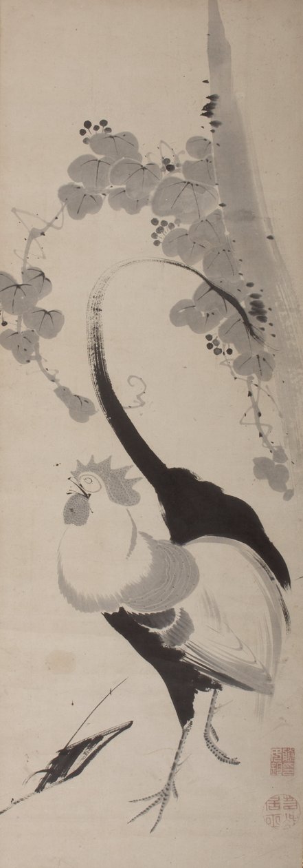 Rooster and Grapevine, Hanging Scroll, Edo Period (blæk på papir) af Ito attr. to Jakuchu