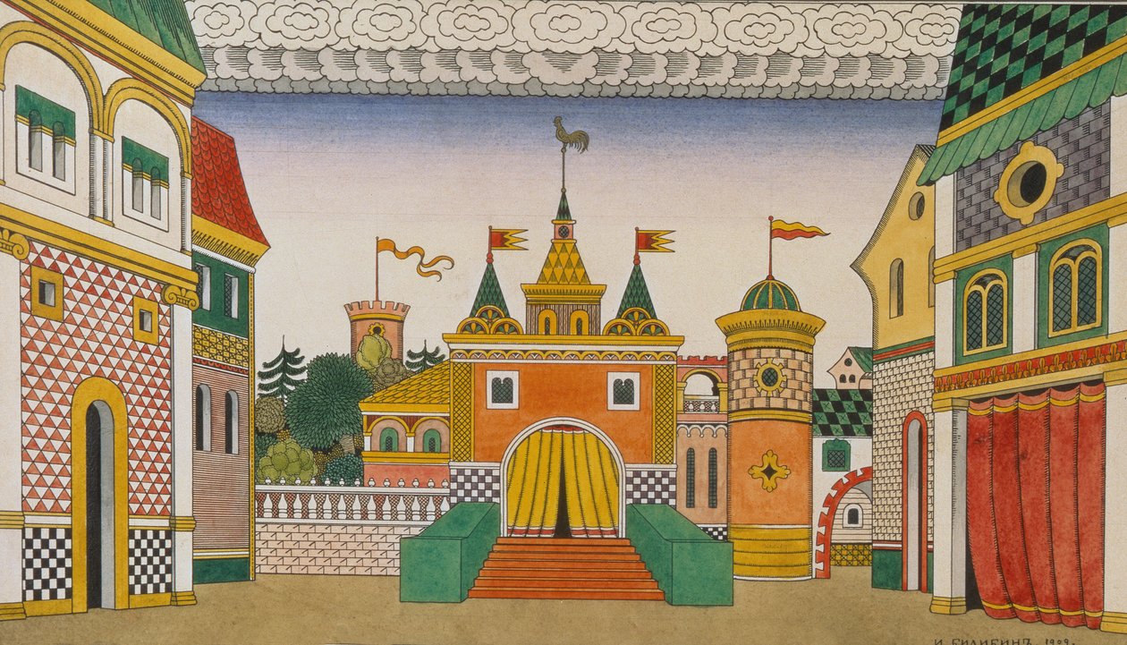 Skitse til Operaen, Den Gyldne Hane, af Nikolai Rimsky-Korsakov (1844-1908), 1909 (wc og gouache på papir) af Ivan Yakovlevich Bilibin