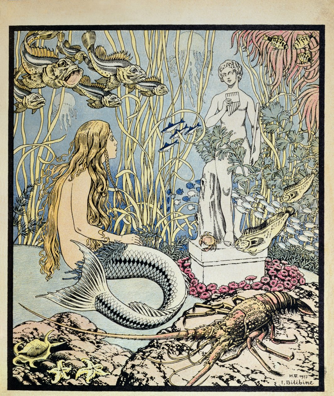 Den lille havfrue foran en statue i havet, illustration til et eventyr af H.C. Andersen (1805-75), fra "Album du Pere Castor" udgivet af Flammarion, 1937 (farvestik) af Ivan Yakovlevich Bilibin