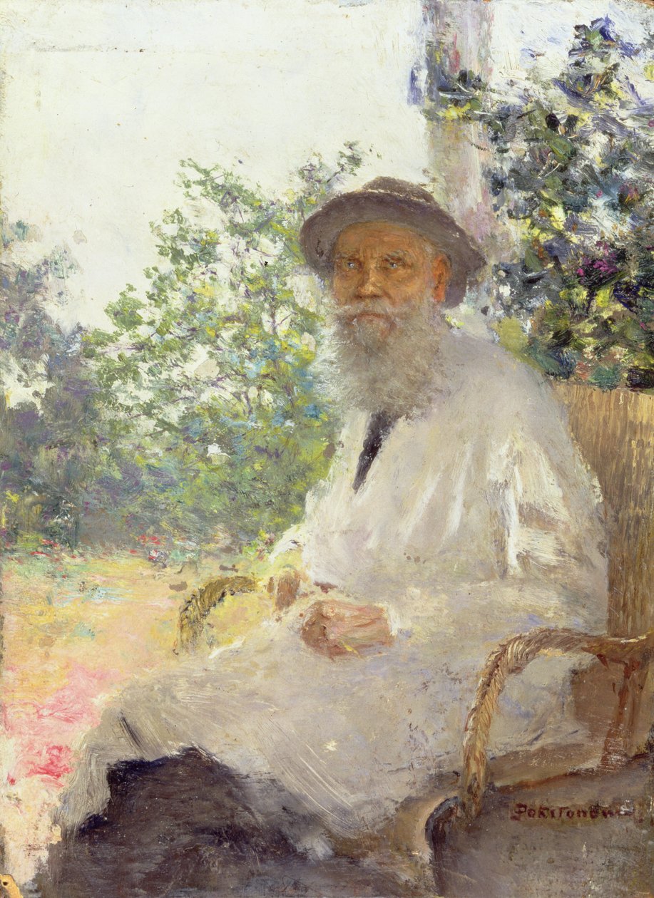 Portræt af Lev Nikolaevich Tolstoj (1828-1910) på terrassen, 1905 af Ivan Pokitonov