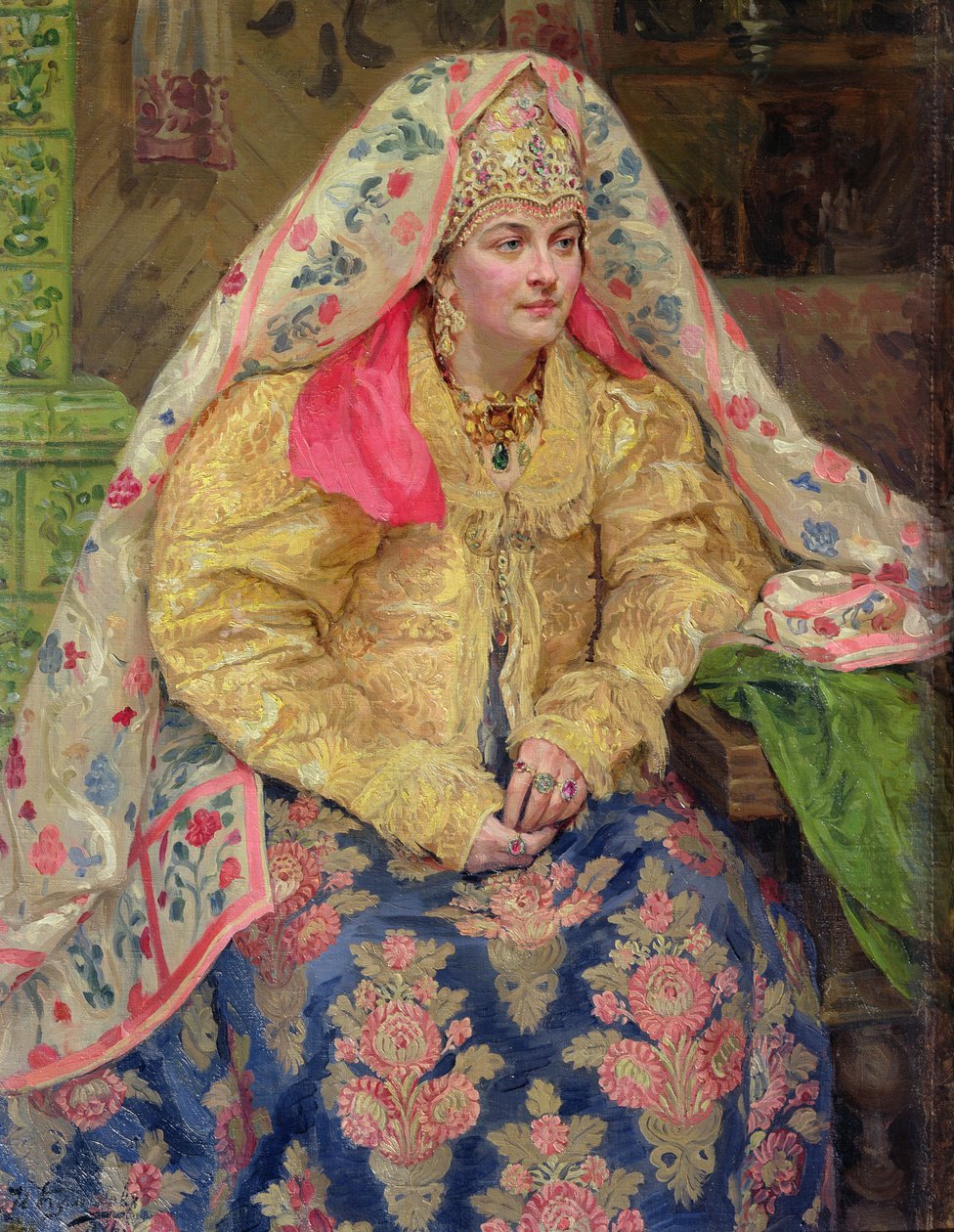 Kvinde i gammel russisk kjole, 1916 af Ivan Semyonovich Kulikov