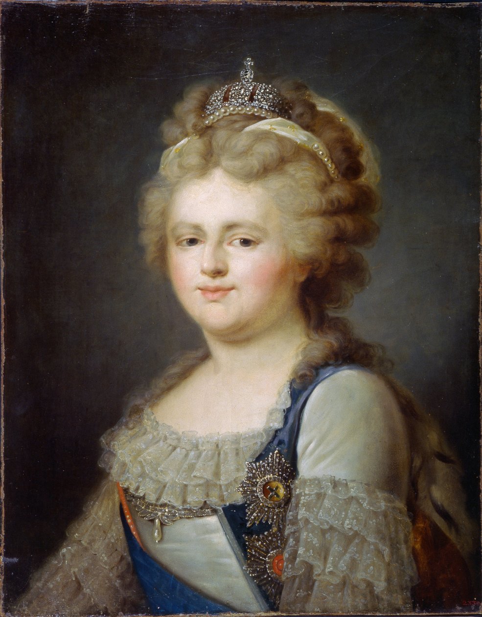 Portræt af kejserinde Marie Fiodorovna (nee Sophie Dorothee de Württemberg Montbeliard) (1759-1828)(Portræt af kejserinde Maria Feodorovna). Maleri af Ivan Afanasievich Pustynin (1769- efter 1812), olie på lærred, efter 1796. Russisk kunst af Ivan Afanasievich Pustynin