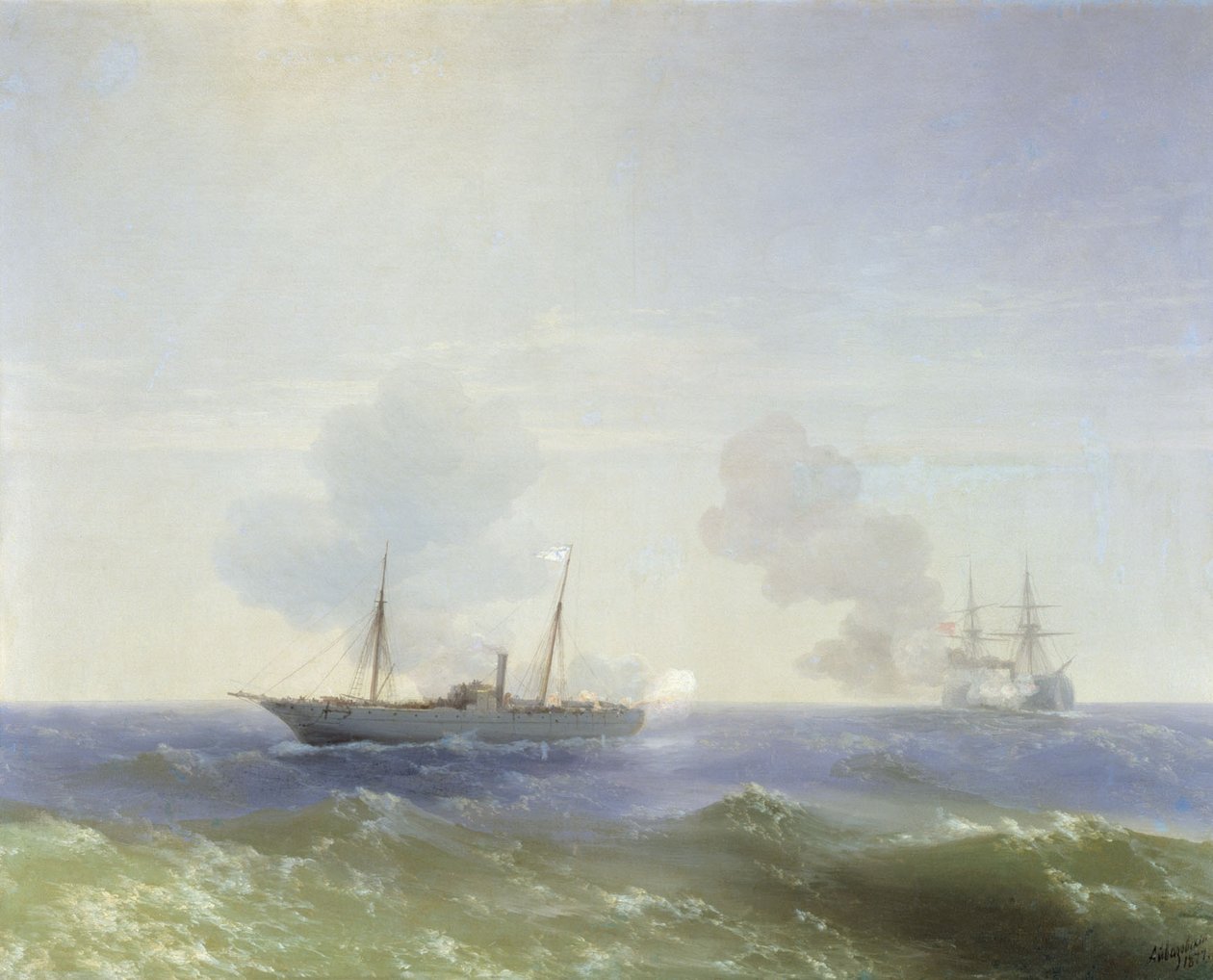 Russisk: "Kampen mellem dampskibet Vesta og det tyrkiske slagskib Fehti-Bulend i Sortehavet den 11. juli 1877 " Kampen mellem dampskibet Vesta og det tyrkiske slagskib Fehti-Bulend i Sortehavet den 11. juli 1877 af Ivan Aivazovsky