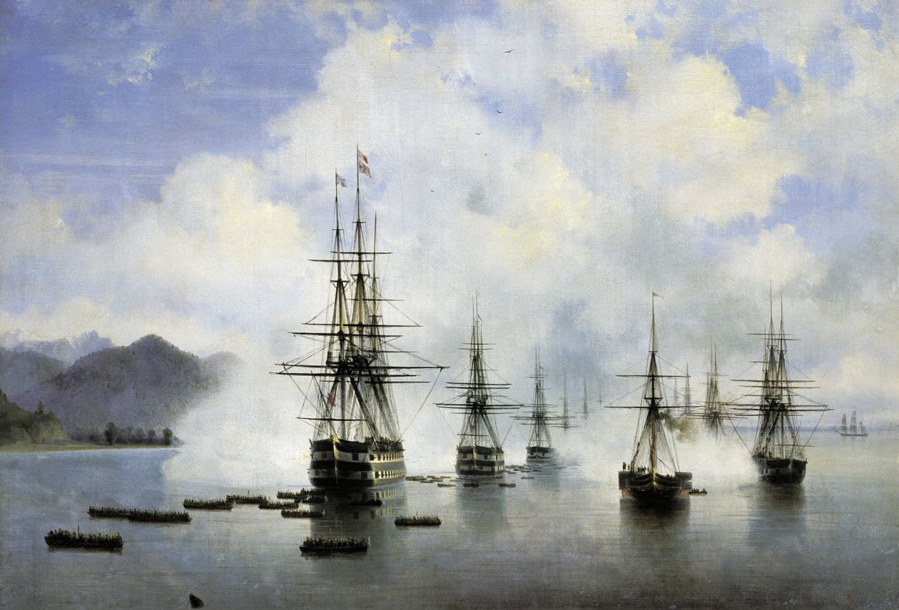 Russisk: "N. N. Raevskyis landgang ved Subashi" N. N. Raevskyis landgang ved Subashi af Ivan Aivazovsky