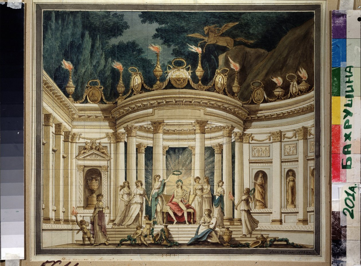 Le Triomphe des Muses. Projet du rideau pour le prologue musical af Alexander Alyabyev (1787-1851) og Alexis Verstsovsky (1799-1863). (Triumph of Muses. Gardindesign til musikprologen af A.Alyabyev og A.Verstovsky). Decor antiquisant avec Apollon, af Ivan Alekseevich Ivanov