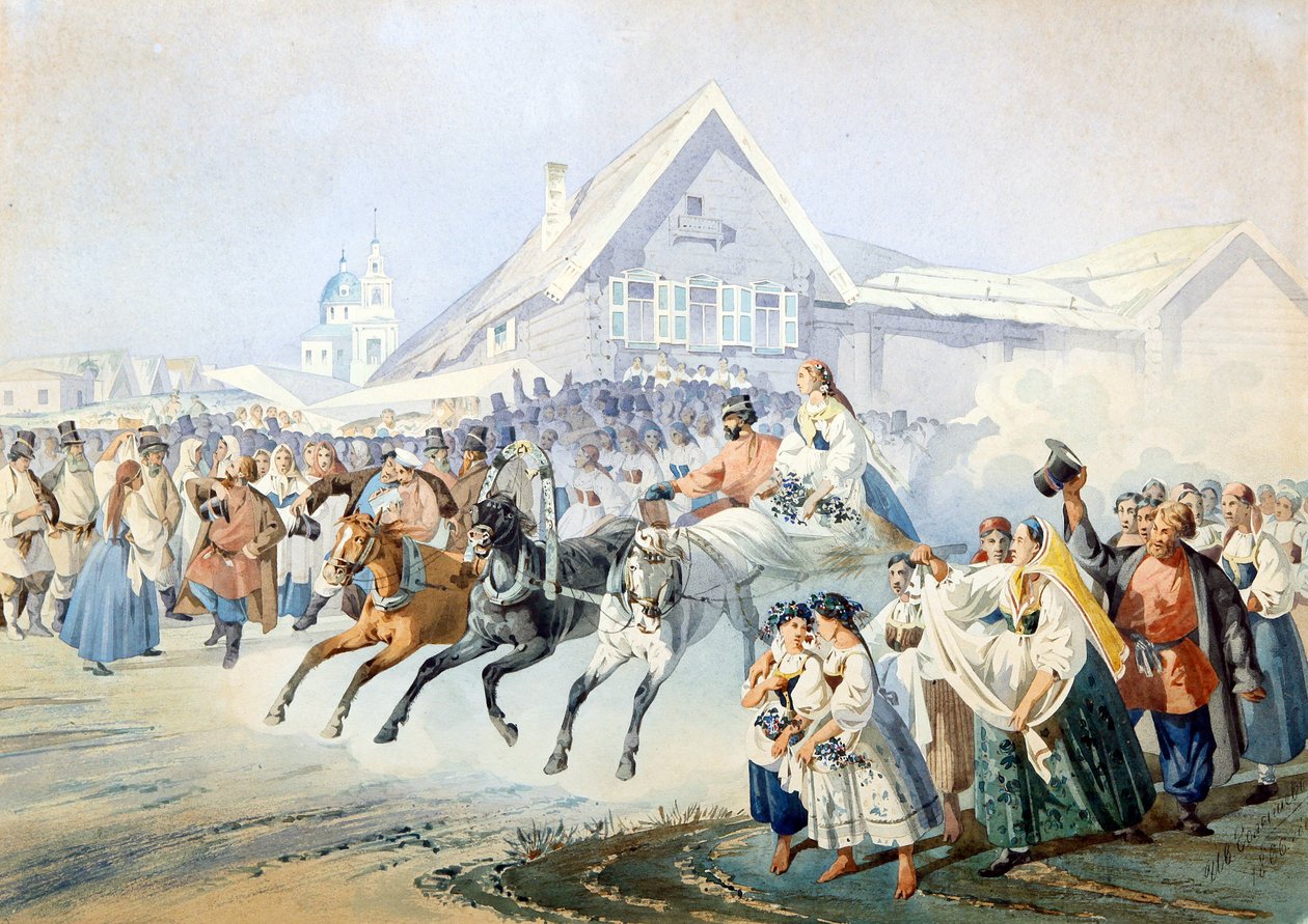 Scene de mariage - Bryllupsscene af Golyshev, Ivan Alexandrovich (1838-1896), - Litografi, akvarel, 33,5x47 - Privat samling af Ivan Alexandrovich Golyshev