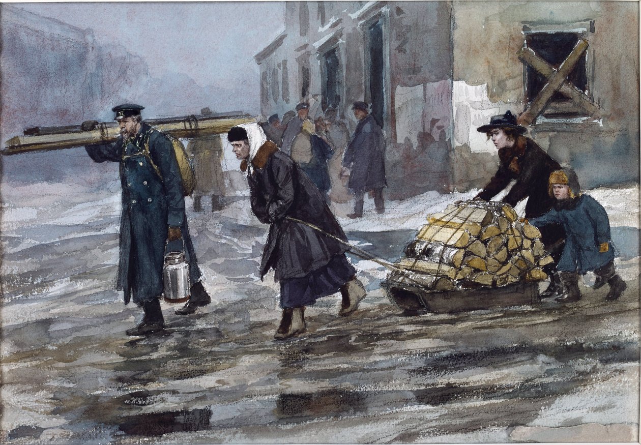 En familie af en ingeniør, der slæber noget brændstof hjem af Vladimirov, Ivan Alexeyevich (1869-1947). Akvarel, Gouache på papir af Ivan Alexeyevich Vladimirov
