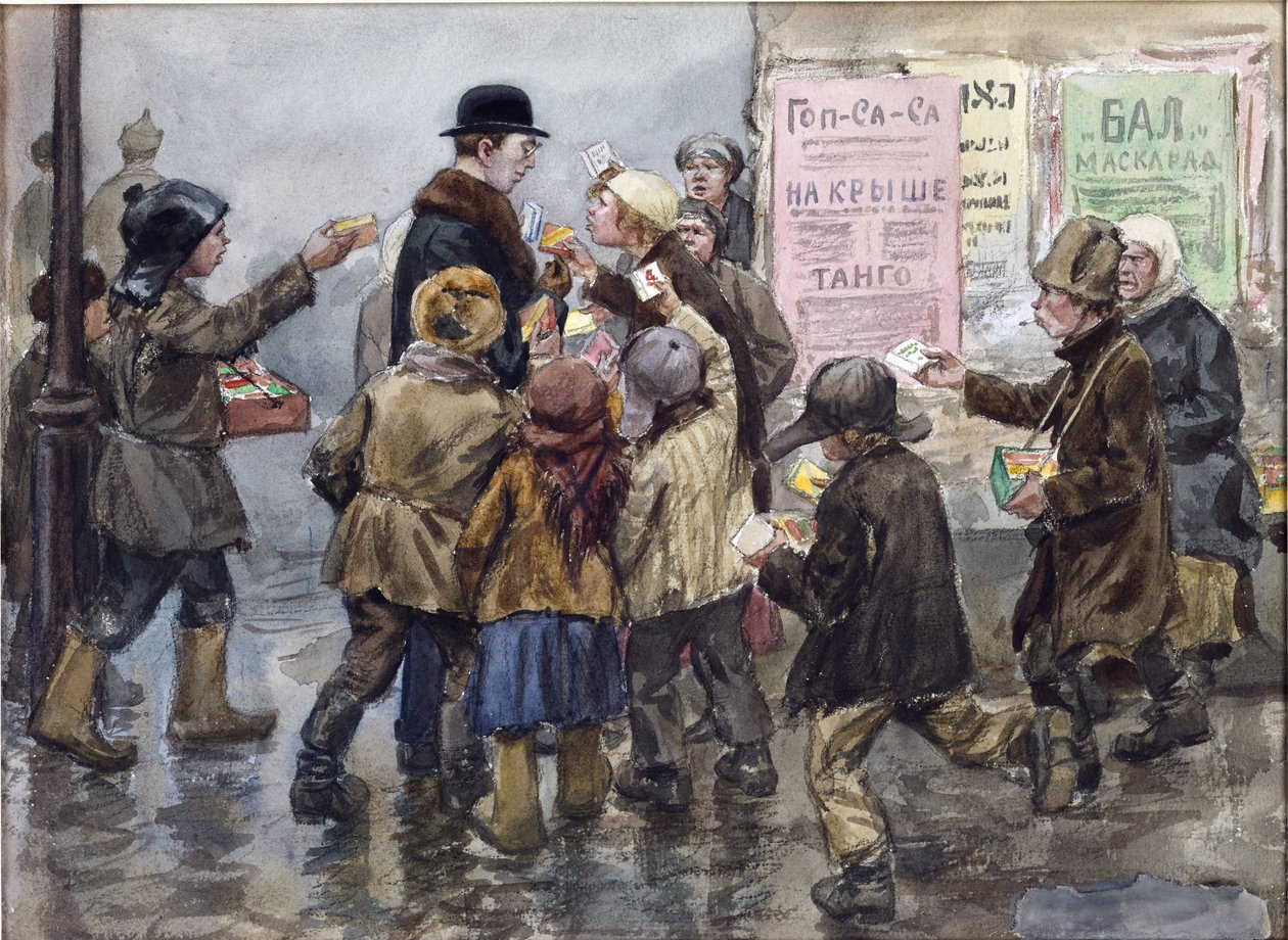 En udlænding angrebet af cigaretsælgere i Petrograd af Vladimirov, Ivan Alexeyevich (1869-1947). Akvarel, Gouache på papir af Ivan Alexeyevich Vladimirov