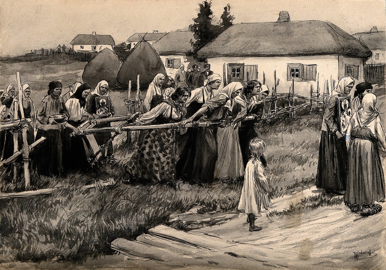 En religiøs kolera procession i det russiske landdistrikt fra rækken af akvareller russisk revolution, af Ivan Alexeyevich Vladimirov