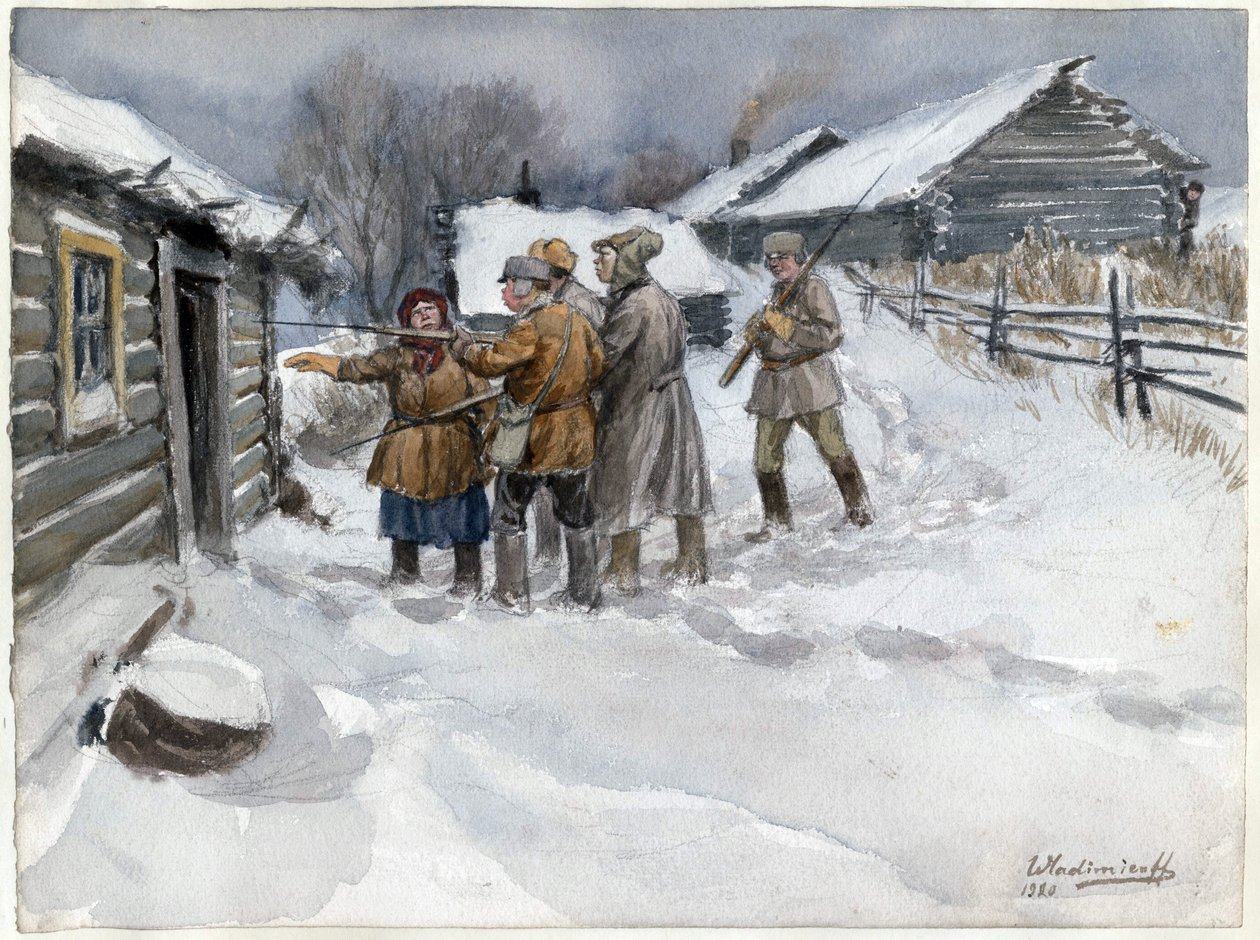 Avant la perquisition et la saisie - Før ransagning og beslaglæggelse (fra serien af akvareller russiske revolution) - Vladimirov, Ivan Alexeyevich (1869-1947) - 1920 - Akvarel på papir - 25,6x34,3 - Privat samling af Ivan Alexeyevich Vladimirov