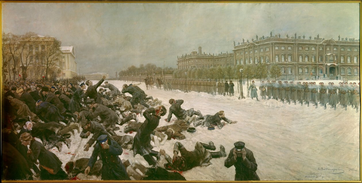 Begyndelsen af den russiske revolution i 1905: "" Skyderi på Slotspladsen den 22. januar af Ivan Alexeyevich Vladimirov