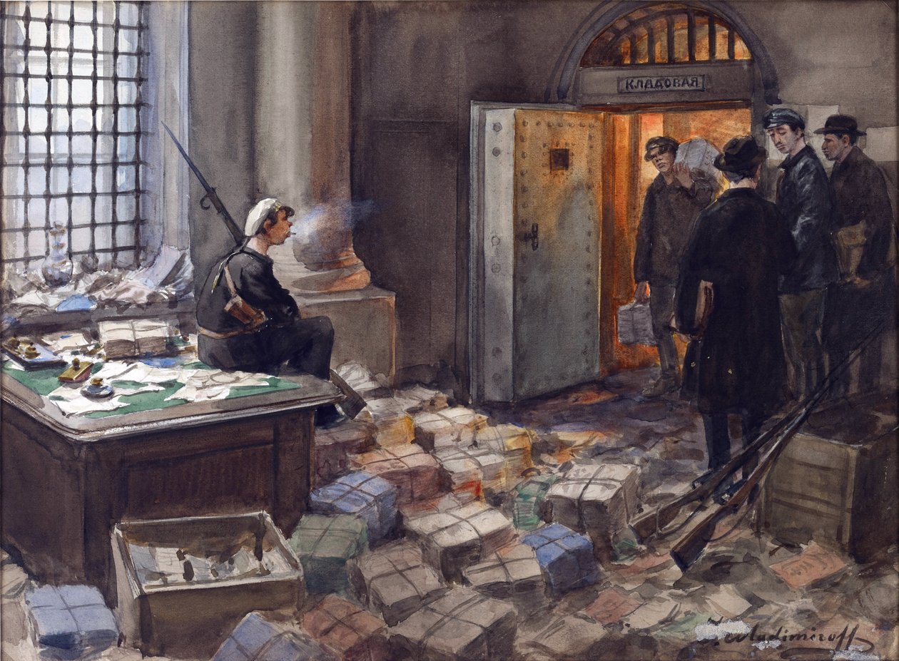 Konfiskation af obligationer i Wawelberg-banken i Petrograd af Vladimirov, Ivan Alexeyevich (1869-1947). Akvarel, Gouache på papir af Ivan Alexeyevich Vladimirov
