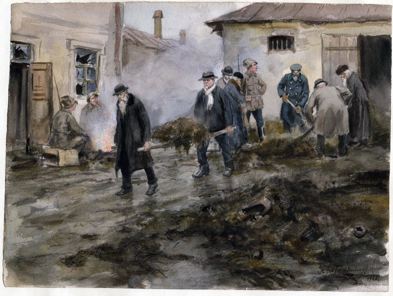 Bourgeois nettoyant une etable - Borgerskabet gør rent i staldene (fra serien af akvareller russiske revolution) - Vladimirov, Ivan Alexeyevich (1869-1947) - 1920 - Akvarel på papir - 25,8x34,4 - Privat samling af Ivan Alexeyevich Vladimirov