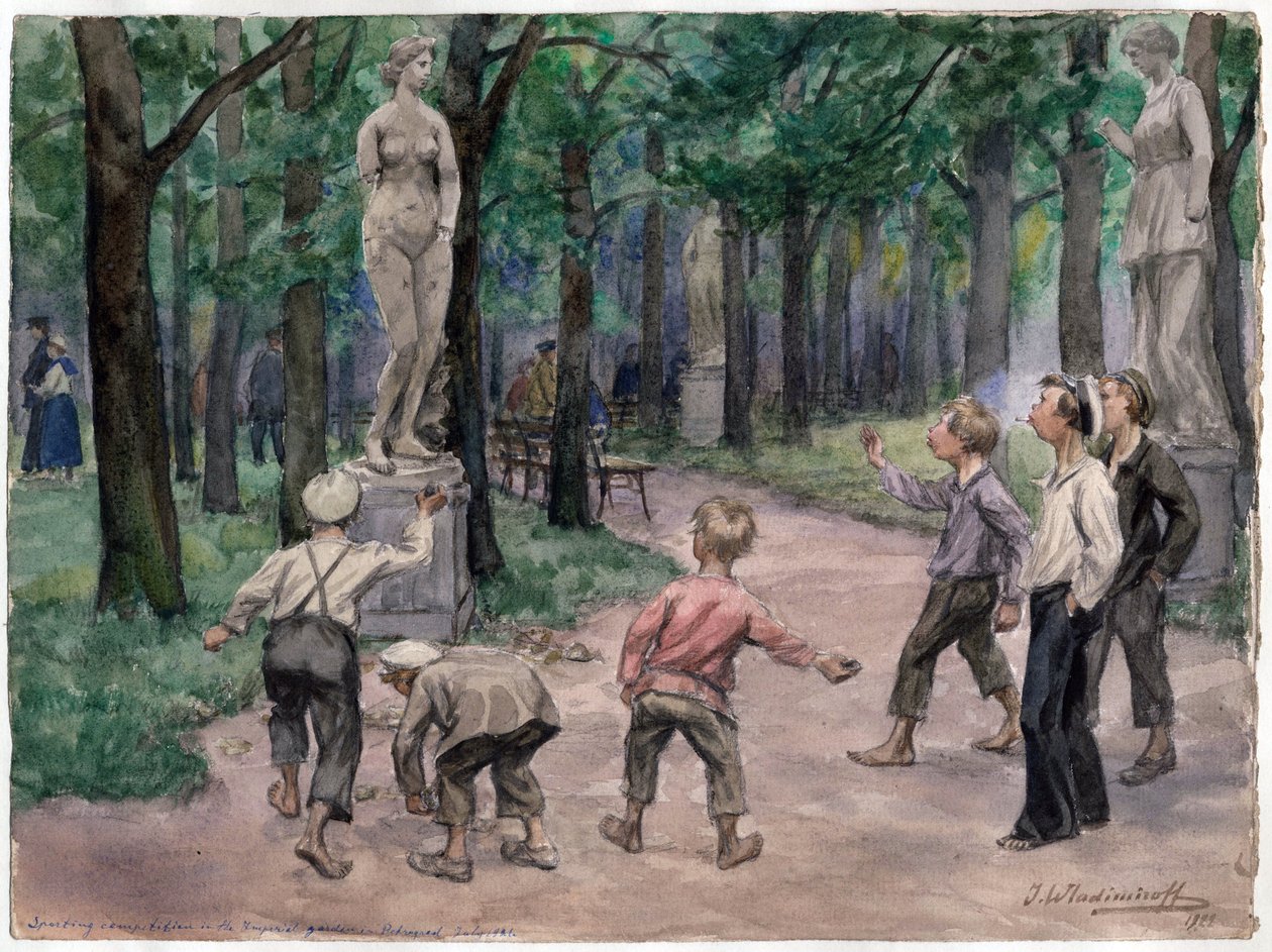 Sportskonkurrence i den kejserlige have, Sankt Petersborg (børn kaster sten efter en statue af en nøgen kvinde) - Sportskonkurrence i den kejserlige have: Petrograd, juli 1921 (fra serien af ​​akvareller russiske revolution) - Vladim af Ivan Alexeyevich Vladimirov