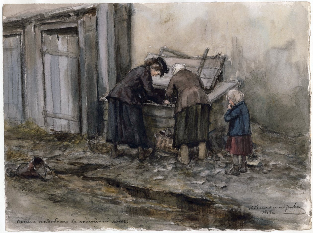 To kvinder og et barn søger efter deres måltid i en skraldespand - To kvinder og et barn søger gennem skraldespanden (fra serien af ​​akvareller russiske revolution) - Vladimirov, Ivan Alexeyevich (1869-1947) - 1919 - Akvarel på papir - 25 ,8x34,5 - P af Ivan Alexeyevich Vladimirov