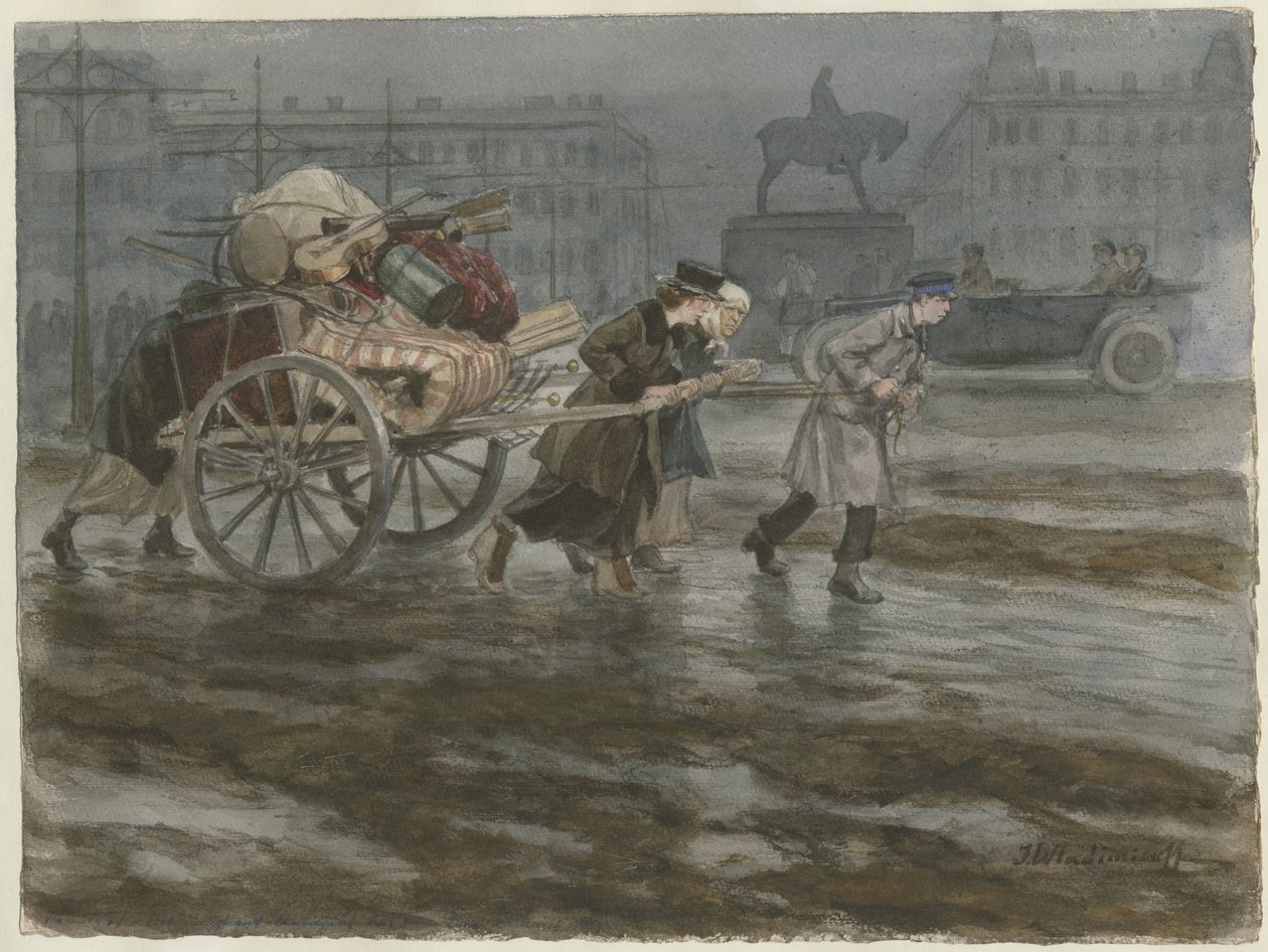 Familie flytter sine ejendele på vogn fra serien af akvareller russisk revolution, 1917-1918 af Ivan Alexeyevich Vladimirov