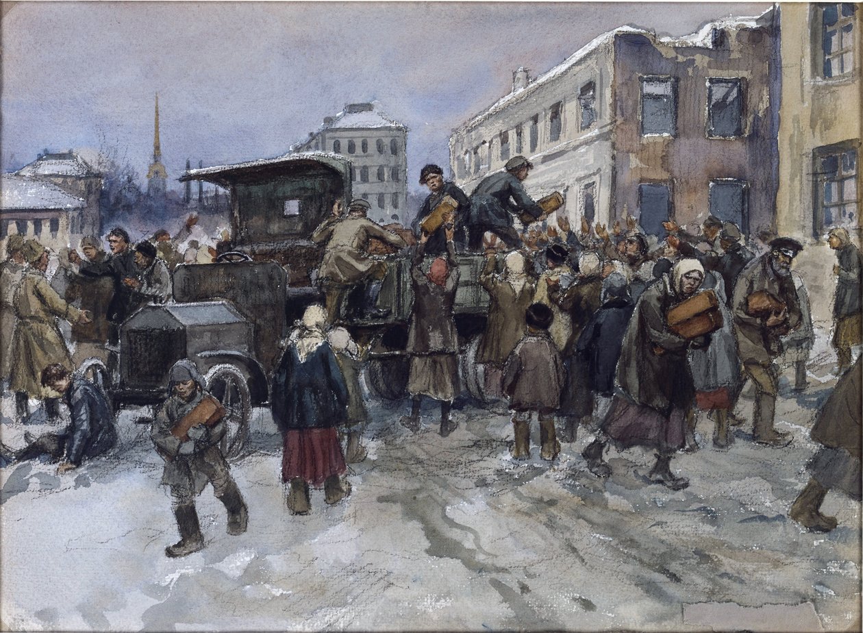Sultne arbejdere i Petrograd, der røver brød fra en militærlastbil af Vladimirov, Ivan Alexeyevich (1869-1947). Akvarel, Gouache på papir af Ivan Alexeyevich Vladimirov