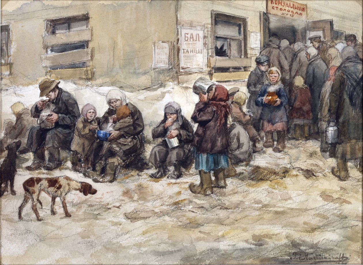 Sultne år i Petrograd. En ""Fælles spisestue."" af Vladimirov, Ivan Alexeyevich (1869-1947). Akvarel, Gouache på papir. Privat samling af Ivan Alexeyevich Vladimirov