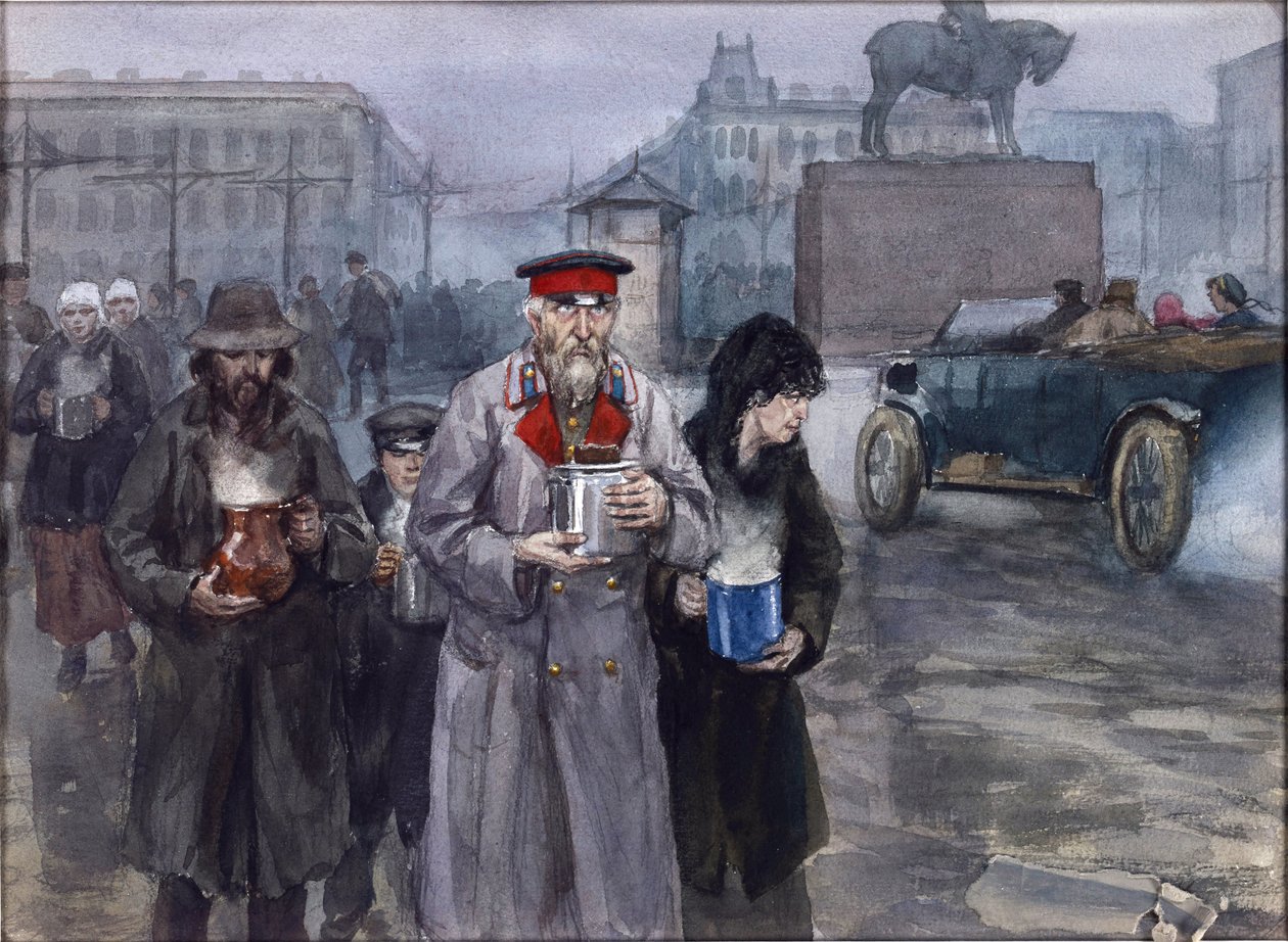 Sultne år i Petrograd. Tilbage fra et fælles suppekøkken af Vladimirov, Ivan Alexeyevich (1869-1947). Akvarel, Gouache på papir af Ivan Alexeyevich Vladimirov