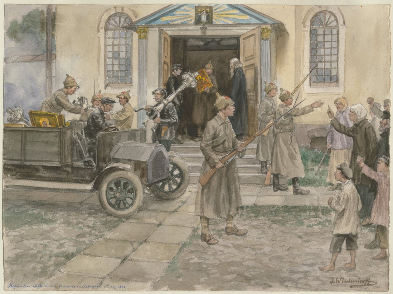 Rekvisition af kirkeskattene i Petrograd 5. maj 1922 fra serien af akvareller Rusland af Ivan Alexeyevich Vladimirov