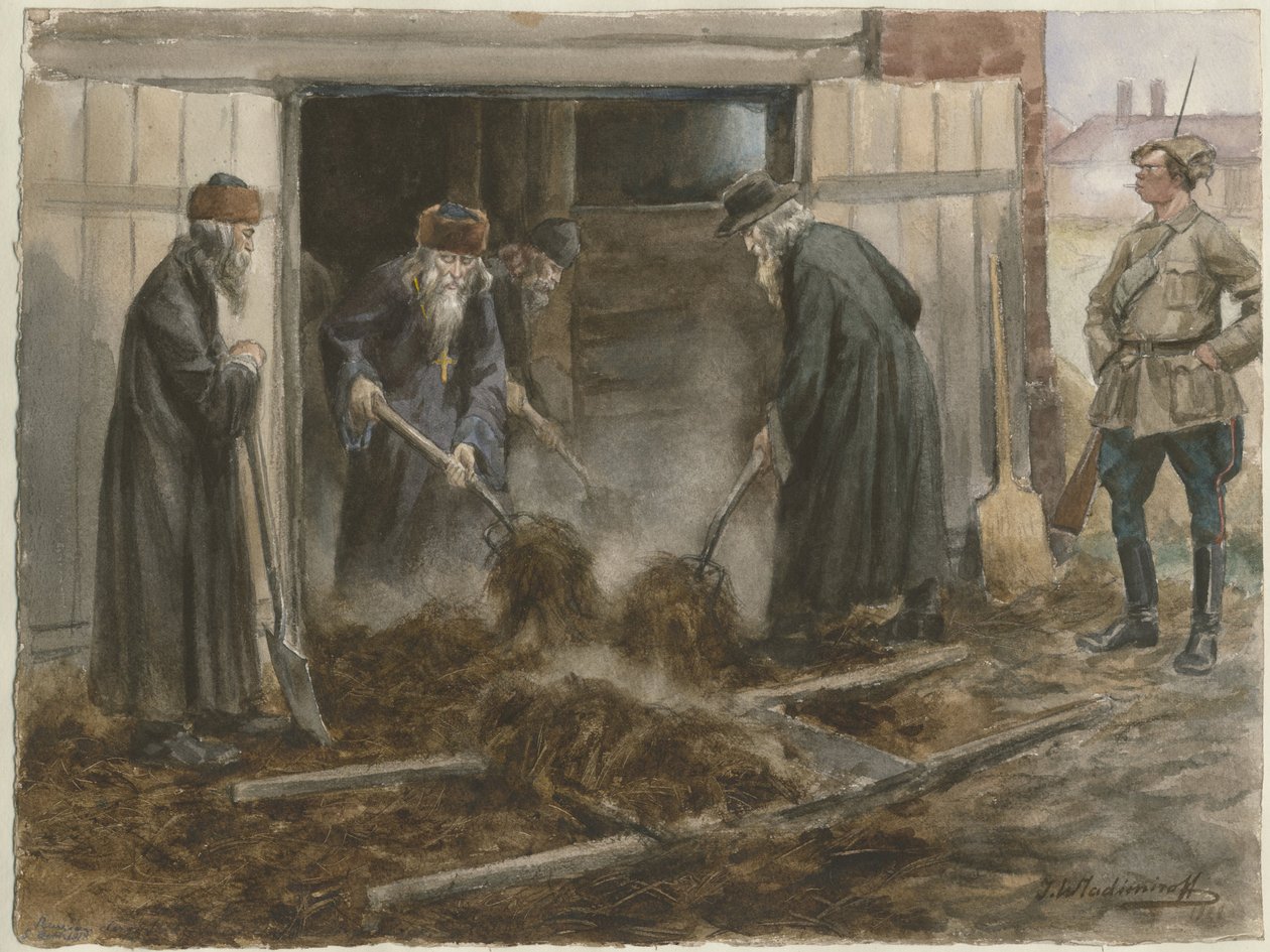 Russiske præster skovler hø: september 1918 fra serien af akvareller russisk revolution, 19 af Ivan Alexeyevich Vladimirov
